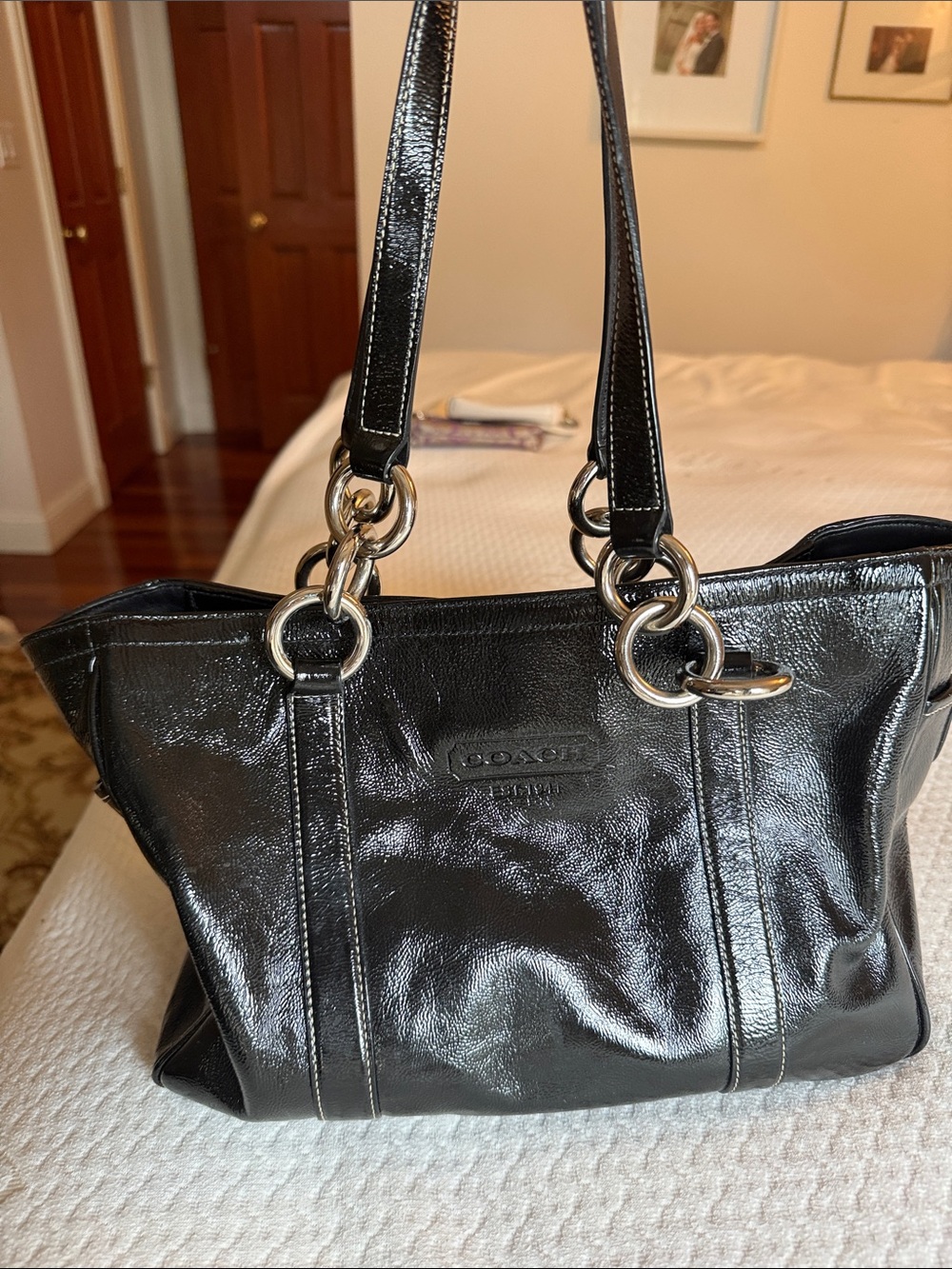 Coach Black Patent Leather Shoulder Tote with Silver Hardware